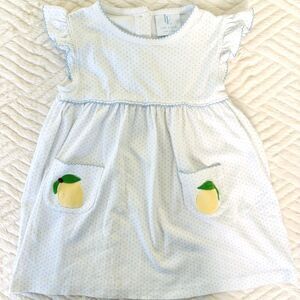 Little English Size 3T Blue Polka Dot Lemon Pocket Dress Flutter Sleeve Cotton